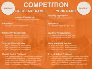 COMPETITION
FIRST LAST NAME
Noteworthy Experience
:

• Noteworthy experience goes her
e

• Noteworthy experience goes here
YOUR NAME
HEADSHOT HEADSHOT
Industry Experience
:

• Industry experience goes here
Education
:

• Education experience goes here
Skills and Pro
fi
ciencies
:

• Skill 1 Goes Here - X endorsements
 

• Skill 2 Goes Here - X endorsements
 

• Skill 3 Goes Here - X endorsements
Overall Online Presence
:

• How many connections?, banner image customized?,
professionalism of headshot?, how detailed is the
pro
fi
le?, published articles?, active on other social
media?, is their LinkedIn URL customized
?

• Grade: Poor, Average, or Superior?, XX out of 100
Industry Experience
:

• Industry experience goes here
Education
:

• Education experience goes here
Leadership Experience
:

• Leadership experience goes her
e

• Leadership experience goes here
Skills and Pro
fi
ciencies
:

• Skill 1 Goes Here - X endorsements
 

• Skill 2 Goes Here - X endorsements
 

• Skill 3 Goes Here - X endorsements
Overall Online Presence
:

• How many connections?, banner image customized?,
professionalism of headshot?, how detailed is the
pro
fi
le?, published articles?, active on other social
media?, is their LinkedIn URL customized
?

• Grade: Poor, Average, or Superior?, XX out of 100
 
