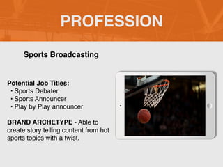 PROFESSION
Potential Job Titles
:

• Sports Debate
r

• Sports Announce
r

• Play by Play announcer
 

BRAND ARCHETYPE - Able to
create story telling content from hot
sports topics with a twist.
Sports Broadcasting
 