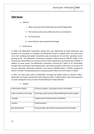 Brand Audit – McDonalds 2012
22
CBBE Model
a. Salience
i. When consumers think of fast food, they think of McDonald's.
ii. The numerous stores also satisfy consumers on convenience.
iii. TV Commercials
iv. Home Delivery, Take-away & Drive through
b. Performance
In 2010, The McDonald’s Corporation started their year determined to build momentum and
focused on its main goal; to strengthen the McDonald’s brand on a global scale. The results were
more than satisfying with global competitive sales increasing by 5% and their operating income
growing by 9%. The McDonald’s Corporation recorded a total revenue of $24,075 million in the
financial year 2010 (FY2011) an increase of $1.33 million compared to the financial year (FY2010). In
addition to these results, the McDonald’s Corporation returned $5.1 billion to its shareholders
through share repurchases and dividends paid, and further provided a 27% return to investors for
the year. Moreover, McDonald’s achieved a net income of $4,946 million in FY2011 compared to
$4,551 in FY2010. The operating income increased by $632 million to $7,473 million in FY2010.
In 2011, the total brand value of McDonald’s increased by $4,019 million to $24,211 million.
McDonald’s has further improved its brand rating from AAA- in 2010 to AAA in 2011 and increased in
its brand ranking from 18 to 17 within The BrandFinance® Global 500 2011.
c. Imagery
A family with children A treat to children , a fun place to be for the children
Urban customer on the move Great taste, quick service without affecting the work schedule
Teenager Hangout with friends but keep it affordable
Location Global-presence
Brand Personality Family friendly, low cost fast food business & eco-friendly
 