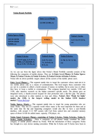 5 | P a g e
Nokia Brand Portfolio
As we can see from the figure above that Nokia’s Brand Portfolio currently consists of the
following five categories of mobile phones. They are 1) Entry Level Phones 2) Nokia Xpress
Music 3) Nokia C-Series 4) Nokia X-Series, 5) Nokia E-Series 6)Nokia N-Series.
Nokia with its above portfolio targets almost all the sectors of the mobile phone users.
Entry Level Phones: - This segment mainly tries to target the customers whose main aim is to
use mobile phone only as a means of communication. This level targets those customers who
are not in a position to afford a lavish amount of money on mobiles, but in some way or others
they have to keep a mobile to communicate. “The company launched two models, 1100 and
1108, after intensive research on the Indian customer's specific needs. The phones gave an
integrated torch, a sheath-covered keypad for dust protection and a slip-free grip. The phones
were also introduced in other markets in Asia and Africa. Nokia's first ‘Made for India’
model, the 1100, is the largest selling model in the Indian GSM handset
market.”(www.ibef.org)
Nokia Xpress Music: - This segment mainly tries to target the young generation who are
music freaks. They live in a separate world where music is the most important for them and at
the same time the hip and happening youngsters would also like to have a user-friendly
interface, with around 2-3.2 MP camera with Carl Zeiss optical lens and extended memory
space of about 16 GB for added music capacity, FM player, etc.
Nokia Smart Category Phones, consisting of Nokia C-Series, Nokia X-Series, Nokia E-
Series, Nokia N-Series:- These 4 categories of cell phones mainly constitute the smart
category of mobile phones offered by Nokia. With the introduction of these categories Nokia
has brought in a new device naming convention. While the E-Series and N-Series have been in
NOKIA
Nokia N-Series
1) N-97 mini, 2) N-97 3)
N-900, 4) N-86 8MP,5)
N8, 6) N-95, 7)N-96, etc
Nokia E-Series
1) E-72, 2) E-
71, 3) E-63, 4)
E-5, etc
Nokia X-Series
1) X6 2) X3 3) X2,
etc
Nokia C-Series
1) C3 2) C5 3) C6,
etc
Nokia Xpress Music
1)5130 2)5330
3)5530 4)5630
5)5800,etc
Entry Level Phones
1)1100 2)1108,etc
 