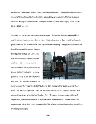 - 14 -
Keller notes there are six criteria for successful brand elements. These include memorability,
meaningfulness, likeability, transferability, adaptability, protectability. The first three are
offensive strategies while the latter three play a defensive role in leveraging brand equity
(Keller, 2012, pg. 143).
Taco Bell has carried out many tactics over the years that can be deemed memorable. In
addition to their custom-named menu items (like the Crunchwrap Supreme), they have also
produced many ads and PR efforts that are worth remembering. One specific example is the
[now] famous publicity stunt that the
brand pulled in 1996. On April Fools’
Day, the company took out full-page
ads in six major newspapers and
announced that it had purchased the
Liberty Bell in Philadelphia – a fitting
purchase based on the brand’s name
and logo. They planned to rename the
American icon the “Taco Liberty Bell” but leave it on display still for public viewing. Many
Americans were outraged and called the National Parks Service to complain, before it was
revealed that it was all just in fun (Fletcher, 2011). The press alone garnered millions of
impressions, not to mention word of mouth traction. The event was a success and is still
remembered today. This is only one example of Taco Bell’s memorability shining through in its
marketing campaigns.
Figure 8 (Source: nsf.gov)
 
