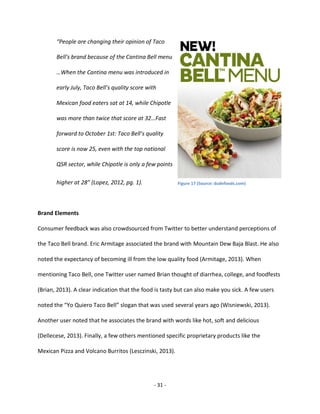 - 31 -
“People are changing their opinion of Taco
Bell's brand because of the Cantina Bell menu
…When the Cantina menu was introduced in
early July, Taco Bell’s quality score with
Mexican food eaters sat at 14, while Chipotle
was more than twice that score at 32…Fast
forward to October 1st: Taco Bell’s quality
score is now 25, even with the top national
QSR sector, while Chipotle is only a few points
higher at 28” (Lopez, 2012, pg. 1).
Brand Elements
Consumer feedback was also crowdsourced from Twitter to better understand perceptions of
the Taco Bell brand. Eric Armitage associated the brand with Mountain Dew Baja Blast. He also
noted the expectancy of becoming ill from the low quality food (Armitage, 2013). When
mentioning Taco Bell, one Twitter user named Brian thought of diarrhea, college, and foodfests
(Brian, 2013). A clear indication that the food is tasty but can also make you sick. A few users
noted the “Yo Quiero Taco Bell” slogan that was used several years ago (Wisniewski, 2013).
Another user noted that he associates the brand with words like hot, soft and delicious
(Dellecese, 2013). Finally, a few others mentioned specific proprietary products like the
Mexican Pizza and Volcano Burritos (Lesczinski, 2013).
Figure 17 (Source: dudefoods.com)
 