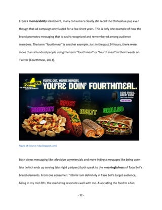 - 32 -
From a memorability standpoint, many consumers clearly still recall the Chihuahua pup even
though that ad campaign only lasted for a few short years. This is only one example of how the
brand promotes messaging that is easily recognized and remembered among audience
members. The term “fourthmeal” is another example. Just in the past 24 hours, there were
more than a hundred people using the term “fourthmeal” or “fourth meal” in their tweets on
Twitter (Fourthmeal, 2013).
Figure 18 (Source: 4.bp.blogspot.com)
Both direct messaging like television commercials and more indirect messages like being open
late (which ends up serving late night partyers) both speak to the meaningfulness of Taco Bell’s
brand elements. From one consumer: “I think I am definitely in Taco Bell's target audience,
being in my mid 20's; the marketing resonates well with me. Associating the food to a fun
 