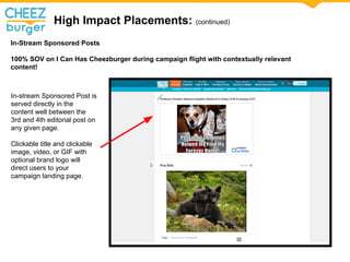 High Impact Placements: (continued)
In-Stream Sponsored Posts
100% SOV on I Can Has Cheezburger during campaign flight with contextually relevant
content!
In-stream Sponsored Post is
served directly in the
content well between the
3rd and 4th editorial post on
any given page.
Clickable title and clickable
image, video, or GIF with
optional brand logo will
direct users to your
campaign landing page.
 