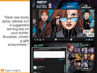 “Dear axe body
spray, please out
a suggested
serving size on
your bottle.
Sincerely, chokin
g girls
everywhere.”

© 2013 Argus Insights, Inc. Confidential: Do Not Distribute

Page 16

 