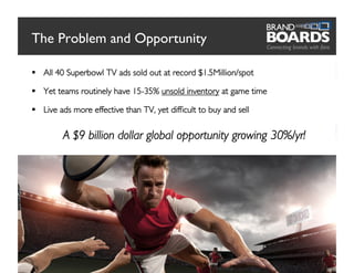 The Problem and Opportunity	


  All 40 Superbowl TV ads sold out at record $1.5Million/spot	


  Yet teams routinely have 15-35% unsold inventory at game time	


  Live ads more effective than TV, yet difﬁcult to buy and sell	


         A $9 billion dollar global opportunity growing 30%/yr!




                                                                      4
 