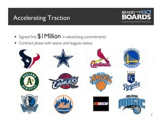 Accelerating Traction	


  Signed ﬁrst $1Million in advertising commitments	

  Contract phase with teams and leagues below	





                                                         7
 