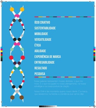 0
          Brand Book 05-06.pdf   13   05/06/2012   12:25:34




                                                              ócio criativo
                                                              sustentabilidade
                                                              mobilidade
                                                              versatilidade
     C
                                                              ética
                                                              agilidade
     M



     Y



    CM




                                                              experiência de marca
    MY



    CY



    CMY



     K




                                                              entregabilidade
                                                              resultado
                                                              pesquisa
                                                              Essas palavras representam nossas diretrizes, o que nos
                                                              move. É o que nos guiará no nosso planejamento, na nossa
                                                              estratégia e na nossa postura de criação.

                                                              Nosso DNA é tão importante quanto nosso cliente. É a marca
                                                              que deixaremos na história e a tendência que vamos ditar.
 