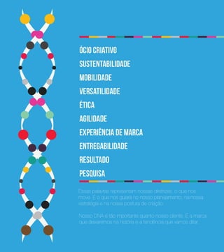 ócio criativo
sustentabilidade
mobilidade
versatilidade
ética
agilidade
experiência de marca
entregabilidade
resultado
pesquisa
Essas palavras representam nossas diretrizes, o que nos
move. É o que nos guiará no nosso planejamento, na nossa
estratégia e na nossa postura de criação.

Nosso DNA é tão importante quanto nosso cliente. É a marca
que deixaremos na história e a tendência que vamos ditar.
 