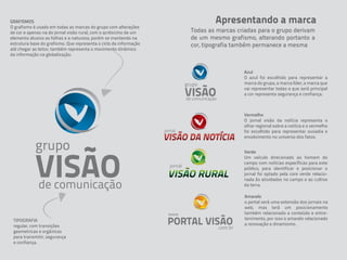 GRAFISMOS                                                                  Apresentando a marca
O grafismo é usado em todas as marcas do grupo com alterações
de cor e apenas na do jornal visão rural, com o acréscimo de um    Todas as marcas criadas para o grupo derivam
elemento alusivo as folhas e a natureza, porém se mantendo na      de um mesmo grafismo, alterando portanto a
estrutura base do grafismo. Que representa o ciclo da informação   cor, tipografia também permanece a mesma
até chegar ao leitor, também representa o movimento dinâmico
da informação na globalização.


                                                                                     Azul
                                                                                     O azul foi escolhido para representar a
                                                                                     marca do grupo, a marca líder, a marca que
                                                                                     vai representar todas e que será principal
                                                                                     a cor representa segurança e confiança.



                                                                                     Vermelho
                                                                                     O jornal visão da notícia representa o
                                                                                     olhar regional sobre a notícia e o vermelho
                                                                                     foi escolhido para representar ousadia e
                                                                                     envolvimento no universo dos fatos.


                                                                                     Verde
                                                                                     Um veículo direcionado ao homem do
                                                                                     campo com notícias específicas para este
                                                                                     público, para identificar e posicionar o
                                                                                     jornal foi optado pela core verde relacio-
                                                                                     nada ás atividades no campo e ao cultivo
                                                                                     da terra.

                                                                                      Amarelo
                                                                                      o portal será uma extensão dos jornais na
                                                                                      web, mas terá um posicionamento
                                                                                      também relacionado a conteúdo e entre-
 TIPOGRAFIA                                                                           tenimento, por isso o amarelo relacionado
 regular, com transições                                                              a renovação e dinamismo.
 geometricas e orgânicas
 para transmitir, segurança
 e confiança.
 