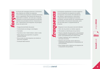 •	 Cocriação;
•	 3 produtos carro-chefe (cadeira, mesa e rack);
•	 Mente aberta do proprietário na gestão –
empresa flexível;
•	 Por se tratar de uma empresa com venda on
line torna-se global;

•	 Empresa é nova não possui mercado definido;
•	 Valor alto do produto no âmbito regional;
•	 Dificuldade na distribuição dos produtos;
•	 Número reduzido de peças para o lançamentos
pode prejudicar a venda dos produtos a médio
prazo, principalmente para venda online;
•	 O Nome “Salomão” não é conhecido no
mercado de móveis;
•	 Distância dos grandes centros dificulta a
visibilidade principalmente no lançamento de
novos produtos;

•	 Produção fabril interna.

•	 Pouco tempo entre a abertura da empresa até
o lançamento dos produtos.

análiseswot

etapathink

•	 Conhecimento em design e estratégias;

As fraquezas representam os pontos negativos
internos existentes na empresa em relação
às empresas concorrentes. São deficiências
que afetam o gerenciamento e dificultam o
cumprimento das estratégias previamente
escolhidas, portando devem ser constantemente
monitoradas e futuramente eliminadas, para
que não dificultem a competitividade da
empresa.

brandbook

•	 Design/exclusividade das peças;

fraquezas

forças

As Forças são vantagens internas e controláveis
pela empresa em relação às empresas
concorrentes que propiciam condições favoráveis
para a organização. São fatores que devem ser
explorados ao máximo, de modo que a empresa
mantenha um bom posicionamento de mercado,
obtendo seus principais retornos, financeiros ou
não, e diminuindo suas fraquezas. As principais
forças da marca são:

7

 