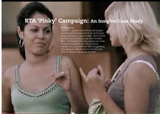 KNOW YOUR CONSUMERS
INSIGHTS
RTA ‘Pinky’ Campaign: An Insights Case Study
Background
The RTA’s graphic advertising campaigns
around speeding seemed to be working for
all but one group: young males. Some of the
statistics around this group were horrible;
90% of fatalities in P-plate crashes are male.
P-platers represent just 7% of licence
holders but accounted for 33% of speeding
infringements 30km/h above the limit and
41% of 45km/h and above the limit.
 