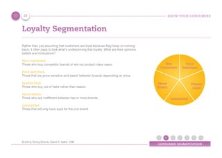 KNOW YOUR CONSUMERS
CONSUMER SEGMENTATION
Loyalty Segmentation
Rather than just assuming that customers are loyal because they keep on coming
back, it often pays to look what’s underpinning that loyalty. What are their opinions,
beliefs and motivations?
Non-customers
Those who buy competitor brands or are not product class users.
Price switchers
Those that are price sensitive and switch between brands depending on price.
Passive loyal
Those who buy out of habit rather than reason.
Fence sitters
Those who are indifferent between two or more brands.
Committed
Those that will only have eyes for the one brand.
23
Committed
Fence
Sitters
Passive
Loyal
Non
Customers
Price
Switchers
Building Strong Brands, David A. Aaker 1996
 