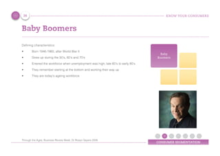 KNOW YOUR CONSUMERS
CONSUMER SEGMENTATION
Baby Boomers
Defining characteristics:
•	 Born 1946-1960, after World War II
•	 Grew up during the 50’s, 60’s and 70’s
•	 Entered the workforce when unemployment was high; late 60’s to early 80’s
•	 They remember starting at the bottom and working their way up
•	 They are today’s ageing workforce
Baby
Boomers
26
Through the Ages, Business Review Week, Dr Roslyn Sayers 2008
 