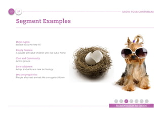 KNOW YOUR CONSUMERS
SEGMENTATION METHODS
Segment Examples
Down Agers:
Believe 50 is the new 40
Empty Nesters:
A couple with adult children who live out of home
Clan and Community
Action groups
Early Adopters:
Adopt and embrace new technology
Pets are people too:
People who treat animals like surrogate children
37
 