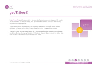 KNOW YOUR CONSUMERS
SEGMENTATION METHODS
geoTribes®
In geoTribes®, social resources are represented by socioeconomic status, while needs
are represented by lifecycle stage. The geoTribes® scheme is ranked in descending
socioeconomic status order.
Applications for the segments include targeting of letterbox, outdoor, media inserts,
database enhancement and profiling and sophisticated integrated campaigns.
The geoTribes® segments are based on a sophisticated spatial modelling process that
combines Census demographic data with lifecycle stage and socioeconomic status data
from the abs’s Household Expenditure Survey (HES).
geoTribes
41
www.rdaresearch.com.au/geotribes.php
 