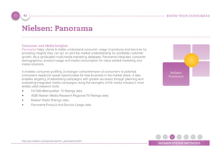 KNOW YOUR CONSUMERS
SEGMENTATION METHODS
Nielsen: Panorama
Consumer and Media Insights:
Panorama helps clients to better understand consumer usage of products and services by
providing insights they can act on and the market understanding for profitable customer
growth. As a syndicated multi-media marketing database, Panorama integrates consumer
demographics, product usage and media consumption for value-added marketing and
media solutions.
It enables consumer profiling (a stronger comprehension of consumers or potential
consumers needs) to reveal opportunities for new business in the market place. It also
enables targeting of advertising campaigns with greater accuracy through planning and
evaluating integrated media campaigns using the strengths of the media industry's most
widely used research tools:
•	 OzTAM Metropolitan TV Ratings data
•	 AGB Nielsen Media Research Regional TV Ratings data
•	 Nielsen Radio Ratings data
•	 Panorama Product and Service Usage data
Neilsen:
Panorama
42
http://au.nielsen.com/products/nmr_panorama.shtml
 