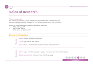KNOW YOUR CONSUMERS
RESEARCH
Roles of Research
What is marketing?
The purpose of marketing is to get and keep a customer. Marketing is the planning and
decision-making process that manages the links between our clients and their consumers.
It helps us answer the following questions around our customers
•	 What do they want?
•	 Why do they want it?
•	 What do the competitors offer?
Research Strategies
ContextConsumer
Trends - experts, technological changes
Culture - pop culture, style, fashion
Cross-Industry - influences from parallel industries, developments etc.
Depth (insight) - Qualitative analysis - groups, interviews, observations, ethnography
Breadth (quantisation) - online, omnibus, Roy Morgan data
54
 