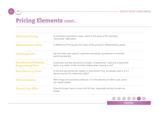 KNOW YOUR CONSUMERS
PRICING
Pricing Elements cont..
Reference Pricing Is a product’s economic value, which is the price of the next best
“perceived” alternative
Differentiation Value Is Reference Pricing plus the value of the product’s differentiating values
Switching Cost Up-front fees and costs to customers should be considered to minimise
switching barriers
Bundling and Framing;
Proportioned Price
Customers are less sensitive to smaller “proportioned” add-ons to big ticket
items, e.g. what’s a few hundred dollars when buying a car?
End User as a Driver Is the end use emotional, quality or cost driven? E.g. do people want a 2-4-1
dinner voucher for Valentine’s Day?!
Price as Quality With image and exclusive products, or in the absence of other cues, price
can signal quality
Shared Cost Effect Does the buyer have to cover the full cost, especially during the start-up
phase
69
 