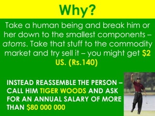 Take a human being and break him or her down to the smallest components –  atoms . Take that stuff to the commodity market and try sell it – you might get  $2 US. (Rs.140)   Why? INSTEAD REASSEMBLE THE PERSON – CALL HIM  TIGER WOODS  AND ASK FOR AN ANNUAL SALARY OF MORE THAN  $80 000 000   