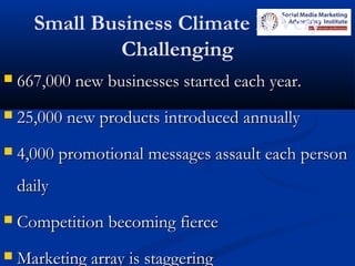 Small Business Climate Is Very
Challenging
 667,000 new businesses started each year.667,000 new businesses started each year.
 25,000 new products introduced annually25,000 new products introduced annually
 4,000 promotional messages assault each person4,000 promotional messages assault each person
dailydaily
 Competition becoming fierceCompetition becoming fierce
 Marketing array is staggeringMarketing array is staggering
 
