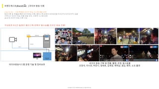 Copyright ⓒ 2017. MediaZamong Inc. All rights Reserved.
Live On Air - 기업 특화된 라이브 방송 시스템 채널 운영
방송기획 및 연출을 통해 라이브방송 진행, 페이스북/유튜브/네이버V앱/카카오TV/아프리카TV 송출
수백시간 라이브 방송 집행 경험 보유, 안정적 시스템 운영
실내/외 라이브 방송 진행 가능
브랜드캐스트(BrandCast ) 라이브 방송 사례
Blackmagic
Switcher
SDI In
워크스테이션
Converter
SDI Out
Capture Board
HDMI Out
라이브방송시스템 운영 기술 및 장비보유
라이브 방송 기획 및 연출, 촬영, 조정, 동시송출
조정석, 이시언, 허안나, 정태호, 김세정, 에릭남, 샘김, 벤쯔, 소프 출연
국내최초 6시간 릴레이 페이스북/유튜브 동시송출 라이브 방송 진행!
TM
 
