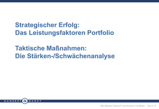 Strategischer Erfolg:
Das Leistungsfaktoren Portfolio
Taktische Maßnahmen:
Die Stärken-/Schwächenanalyse

D ER B RAND C ENSUS ® VON K ONZEPT & M ARKT · S EITE 17

 