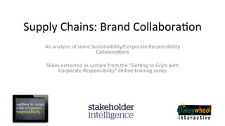 Supply	
  Chains:	
  Brand	
  Collabora3on	
  
An	
  analysis	
  of	
  some	
  Sustainability/Corporate	
  Responsibility	
  
Collabora3ons	
  
	
  
Slides	
  extracted	
  as	
  sample	
  from	
  the	
  “Ge?ng	
  to	
  Grips	
  with	
  
Corporate	
  Responsibility”	
  Online	
  training	
  series	
  	
  

 