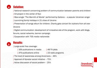 4   Solution:
    [ National research concerning problem of communication between parents and children
    [ Art-project in the center of Kyiv
    [ Maxi-single “The Warmth of Words” performed by Gaitana – a popular Ukrainian singer
    [ Launching family holidays in 21 cities of Ukraine
    [ Presentation of songs album for children. Charity gala concert for orphans from all over
    Ukraine
    [ Digital communication: development of innovative site of the program, work with blogs,
    forums, social networks, banner campaign
    [ Cooperation with 705 media nationwide


    Results:
5
    [ Large-scale free coverage:
         [ 169 publications in media        [ 49 TV plots
         [ 370 publications online          [ 23 radio programs
    [ The level of awareness among Ukrainians – 46%
    [ Approval of Kyivstar social initiative – 75%                                               23

    [ Active discussion of social problem – 25%
 