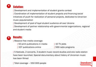 4
    Solution:
    [ Development and implementation of student grants contest
    [ Coordination of implementation of student projects and financing social
    initiatives of youth for realization of personal projects, dedicated to Ukrainian
    music popularization
    [ Development of pool of loyal student audience all over Ukraine
    [ Development of partner relationship with governmental organizations, regional
    and student media


5   Results:
    [ Massive free media coverage:
        [ 50 print publications in media       [ 10 TV plots
        [ 337 publications online              [ 569 radio programs

    [ 5 festivals, 2 concerts, 3 student music record studios and one radio station
    have been launched. Special documentary about history of Ukrainian music
    has been filmed                                                                     25


    [ Total coverage – 550 000 people
 