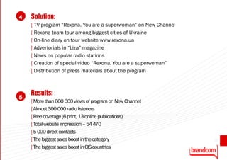 4   Solution:
    [ TV program “Rexona. You are a superwoman” on New Channel
    [ Rexona team tour among biggest cities of Ukraine
    [ On-line diary on tour website www.rexona.ua
    [ Advertorials in “Liza” magazine
    [ News on popular radio stations
    [ Creation of special video “Rexona. You are a superwoman”
    [ Distribution of press materials about the program



    Results:
5
    [ More than 600 000 views of program on New Channel
    [ Almost 300 000 radio listeners
    [ Free coverage (6 print, 13 online publications)
    [ Total website impression – 54 470
    [ 5 000 direct contacts
    [ The biggest sales boost in the category                    37

    [ The biggest sales boost in CIS countries
 