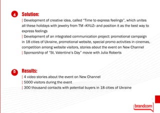 4   Solution:
    [ Development of creative idea, called “Time to express feelings”, which unites
    all these holidays with jewelry from TM «KYUZ» and position it as the best way to
    express feelings
    [ Development of an integrated communication project: promotional campaign
    in 18 cities of Ukraine, promotional website, special promo activities in cinemas,
    competition among website visitors, stories about the event on New Channel
    [ Sponsorship of “St. Valentine’s Day” movie with Julia Roberts



5   Results:
    [ 4 video stories about the event on New Channel
    [ 5000 visitors during the event
    [ 300 thousand contacts with potential buyers in 18 cities of Ukraine

                                                                                         51
 