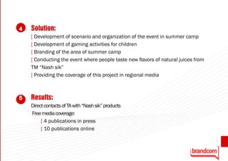 4   Solution:
    [ Development of scenario and organization of the event in summer camp
    [ Development of gaming activities for children
    [ Branding of the area of summer camp
    [ Conducting the event where people taste new flavors of natural juices from
    TM “Nash sik”
    [ Providing the coverage of this project in regional media



5   Results:
    Direct contacts of TA with “Nash sik” products
    Free media coverage:
         [ 4 publications in press
         [ 10 publications online

                                                                                   55
 