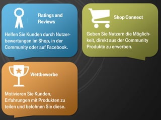 Community-
     ?    !
                 Plattform and
                 Ratings
                 Reviews
                                              Shop Connect


Helfen Sie Kunden durch Nutzer-   Geben Sie Nutzern die Möglich-
bewertungen im Shop, in der       keit, direkt aus der Community
Community oder auf Facebook.      Produkte zu erwerben.




              Wettbewerbe


Motivieren Sie Kunden,
Erfahrungen mit Produkten zu
teilen und belohnen Sie diese.
 