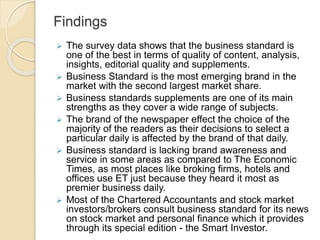 Findings
 The survey data shows that the business standard is
one of the best in terms of quality of content, analysis,
i...