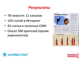 Результаты ТВ новости: 11 каналов 120 статей в Интернет 42 статьи в печатных СМИ Около 500 зрителей (кроме журналистов) 