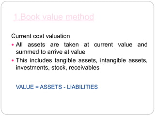 1.Book value method
Current cost valuation
 All assets are taken at current value and
summed to arrive at value
 This includes tangible assets, intangible assets,
investments, stock, receivables
VALUE = ASSETS - LIABILITIES
 