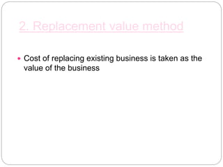 2. Replacement value method
 Cost of replacing existing business is taken as the
value of the business
 