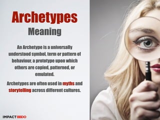 Archetypes 
Meaning 
An Archetype is a universally 
understood symbol, term or pattern of 
behaviour, a prototype upon which 
others are copied, patterned, or 
emulated. 
Archetypes are often used in myths and 
storytelling across different cultures. 
 