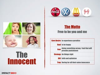 The 
Innocent 
The Motto 
Free to be you and me 
Core Desire to experience paradise 
Goal to be happy 
Fear doing something wrong / bad that will 
provoke punishment 
Strategy do things right 
Gift faith and optimism 
Trap Boring for all their naive innocence 
 
