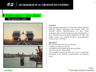 #2 
LES MARQUES ET LA CREATION DE CONTENU 
Volvo 2012 – Live Tests 
13 
Concept 
Cette campagne proposait une série de six tests présentant différents aspects techniques des camions Volvo. Les cascades étaient impressionnantes et leurs issues incertaines. Elles ont été réalisées par des ambassadeurs à forte notoriété ou par les figures dirigeantes de Volvo. Des vidéos « teaser » ou « behind the scene » accompagnaient chacun de ces « Live Tests ». 
Résultats 
Près de 100 millions de vues sur YouTube 
7 millions de shares sur Internet 
170 millions de $ en valeur de couverture média 
Gain d’un Lion d’or Cannes 2014 
Une excellente manière de faire du « buzz » auprès des internautes et de montrer la performance des véhicules Volvo. 
Ecosystème vidéo 
Source  