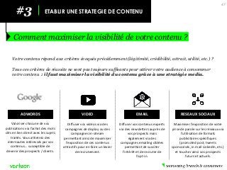 #3 
ETABLIR UNE STRATEGIE DE CONTENU 
Comment maximiser la visibilité de votre contenu ? 
47 
Votre contenu répond aux critères évoqués précédemment (légitimité, crédibilité, attrait, utilité, etc.) ? 
Tous ces critères de réussite ne sont pas toujours suffisants pour attirer votre audience à consommer votre contenu : il faut maximiser la visibilité du contenu grâce à une stratégie media. 
ADWORDS 
Valoriser chacune de vos publications via l’achat des mots clés en lien direct avec les sujets traités. Vous attirerez des internautes intéressés par vos contenus… susceptible de devenir des prospects / clients. 
VIDEO 
Diffuser vos vidéos via des campagnes de display ou des campagnes in-stream permettant ainsi de maximiser l’exposition de ces contenus attractifs pour en faire un levier de recrutement. 
RESEAUX SOCIAUX 
Maximiser l’exposition de votre prise de parole sur les réseaux via l’utilisation de formats publicitaires spécifiques (promoted post, tweets sponsorisés, in mail LinkedIn, etc.) et toucher ainsi vos prospects futurs et actuels. 
EMAIL 
Diffuser vos contenus experts via des newsletters auprès de vos prospects mais également via des campagnes emailing ciblées permettant de susciter l’intérêt et de recruter de l’opt-in.  