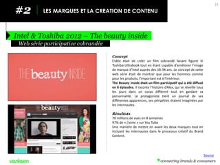 #2 
LES MARQUES ET LA CREATION DE CONTENU 
Intel & Toshiba 2012 – The beauty inside 
15 
Concept 
L’idée était de créer un film cobrandé faisant figurer le Toshiba Ultrabook tout en étant capable d’améliorer l’image de marque d’Intel auprès des 18-34 ans. Le concept de cette web série était de montrer que pour les hommes comme pour les produits, l’important est à l’intérieur. 
The Beauty inside était un film participatif qui a été diffusé en 6 épisodes. Il raconte l’histoire d’Alex, qui se réveille tous les jours dans un corps différent tout en gardant sa personnalité. Le protagoniste tient un journal de ses différentes apparences, ses péripéties étaient imaginées par les internautes. 
Résultats 
70 millions de vues en 8 semaines 
97% de « j’aime » sur You Tube 
Une manière de mettre en avant les deux marques tout en incluant les internautes dans le processus créatif du Brand Content. 
Web série participative cobrandée 
Source  