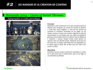 #2 
LES MARQUES ET LA CREATION DE CONTENU 
Hootsuite 2014 – Game of Social Thrones 
24 
Concept 
HootSuite a surfé récemment sur la série tendance Game of Thrones pour alimenter son univers de marque et déclarer « Unite your social kingdoms ». Cet outil qui permet de consulter et monitorer l’ensemble de ses pages sur les réseaux sociaux a trouvé une manière originale et virale de communiquer sur sa marque avec une vidéo qui parodie le générique de la célèbre série et le décline avec les différents « royaumes » sociaux. Chaque réseau social devient un royaume avec son identité propre, HootSuite est là pour les lier entre eux. La marque avait déjà créé une infographie sur le même sujet en 2013, elle va donc plus loin suite à son succès, en 2014. 
Résultats 
HootSuite crée du contenu hautement viralisable en surfant sur la série dont tout le monde parle, avec un ton léger et une réalisation qualitative. 
Infographie et vidéo parodique  