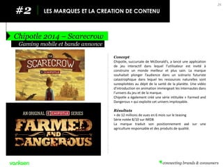 #2 
LES MARQUES ET LA CREATION DE CONTENU 
Chipotle 2014 – Scarecrow 
26 
Concept 
Chipotle, succursale de McDonald’s, a lancé une application de jeu interactif dans lequel l’utilisateur est invité à construire un monde meilleur et plus sain. La marque souhaitait plonger l’audience dans un scénario futuriste catastrophique dans lequel les ressources naturelles sont surexploitées au dépit de la santé de la planète. Une vidéo d’introduction en animation immergeait les internautes dans l’univers du jeu et de la marque. 
Chipotle a également créé une série intitulée « Farmed and Dangerous » qui exploite cet univers impitoyable. 
Résultats 
+ de 12 millions de vues en 6 mois sur le teasing 
Série notée 8/10 sur IMDB 
La marque traduit son positionnement axé sur une agriculture responsable et des produits de qualité. 
Gaming mobile et bande annonce  