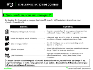 #2 
Quel contenu pour ma marque ? 
En fonction des besoins de la marque, il est possible de créer différents types de contenus pour répondre à ses objectifs. 
BESOINS 
CONTENUS 
Mettre en avant les produits et services 
Construire une solide base de contenu pour mettre en avant les produits de la marque : fiches produits « augmentées »… 
Prouver son expertise pour se différencier 
Présenter le savoir faire et les métiers de sa marque : interviews, livres blancs…. Répondre aux besoins des clients : FAQ… 
Créer un lien pour fidéliser 
Être utile et dialoguer avec sa communauté : blog, conseil, réponses en temps réel… 
Valoriser son univers 
Utiliser le Brand Content pour enrichir son storytelling de marque : film sur l’histoire de la marque, ses valeurs… 
Créer l’évènement 
Regrouper une communauté autour de la marque avec un évènement fédérateur : Redbull, WebComedy Awards d’Orangina… 
Ces contenus nécessitent plus ou moins d’investissement financier ou de temps et ne représentent pas le même engagement. Il y a autant de solutions de brand content que de problématiques de marque. 
3 
ETABLIR UNE STRATEGIE DE CONTENU  