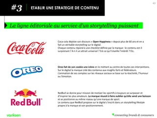 43 
#3 
ETABLIR UNE STRATEGIE DE CONTENU 
La ligne éditoriale au service d’un storytelling puissant 
Coca-cola déploie son discours « Open Happiness » depuis plus de 60 ans et en a fait un véritable storytelling sur le digital. 
Chaque contenu répond à une checklist définie par la marque : le contenu est-il surprenant ? A-t-il un attrait universel ? Est-ce qu’il éveille l’intérêt ? Etc. 
Oreo fait de son cookie une icône en le mettant au centre de toutes ses interventions. Sur le digital la marque créé des contenus aux insights forts et fédérateurs. 
L’animation de ses comptes sur les réseaux sociaux se base sur la réactivité, l’humour ou l’émotion. 
RedBull se donne pour mission de motiver les sportifs à toujours se surpasser et d’inspirer les plus amateurs. La marque réussit à faire oublier qu’elle vend une boisson et se positionne au même niveau qu’une marque de sport. 
Le contenu que RedBull propose sur le digital s’inscrit dans un storytelling lifestyle propre à la marque et son positionnement.  