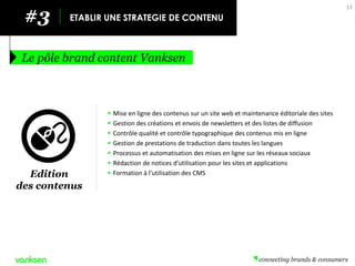 Mise en ligne des contenus sur un site web et maintenance éditoriale des sites 
Gestion des créations et envois de newsletters et des listes de diffusion 
Contrôle qualité et contrôle typographique des contenus mis en ligne 
Gestion de prestations de traduction dans toutes les langues 
Processus et automatisation des mises en ligne sur les réseaux sociaux 
Rédaction de notices d’utilisation pour les sites et applications 
Formation à l’utilisation des CMS 
#3 
ETABLIR UNE STRATEGIE DE CONTENU 
Le pôle brand content Vanksen 
53 
Edition des contenus  