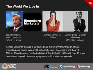 15
The World We Live In
Bloomberg 300
Million viewers /
13 mill on social
Kendall Jenner 70
Million
James Bond - 2 Billion
Followers
$16 Billion Valuation
Kendall Jenner at the age of 20 earned $35 million primarily through affiliate
marketing and having over a 100 million followers – bloomberg only has 13
Million. Marvel comics reached a billion dollar deal with netflix with over 10 super
hero shows in production averaging over 4 million views an episode.
 