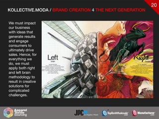 20
KOLLECTIVE.MODA / BRAND CREATION 4 THE NEXT GENERATION
We must impact
our business
with ideas that
generate results
and engage
consumers to
ultimately drive
sales. Hence, for
everything we
do, we must
apply both right
and left brain
methodology to
result in creative
solutions for
complicated
challenges.
 